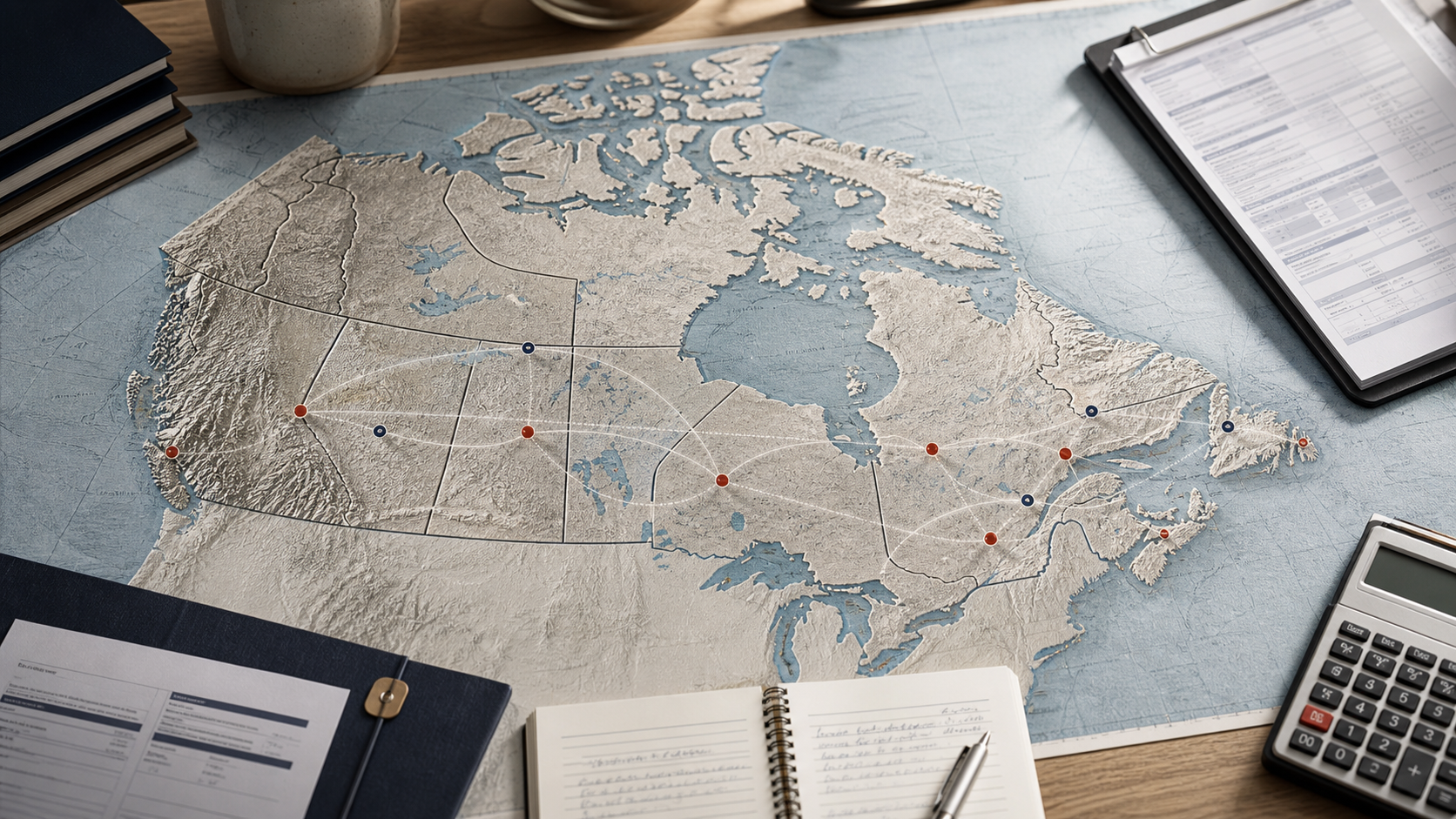A Canadian map with plotted pathway lines and notebooks