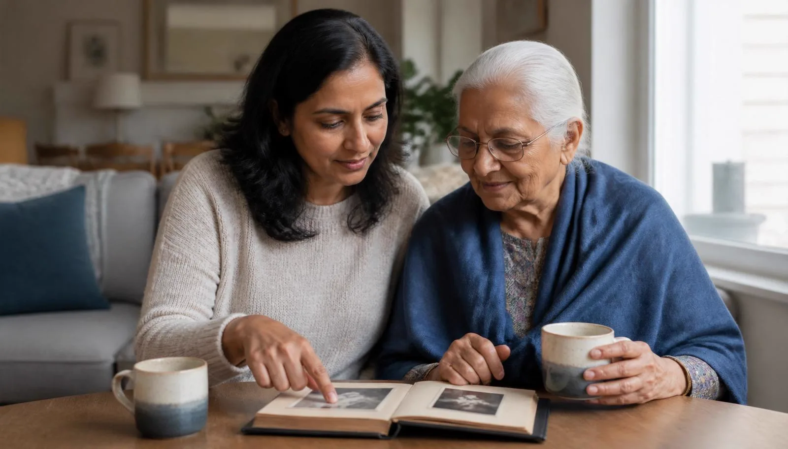 An adult daughter and her elderly mother sharing tea and family photographs at home in Canada