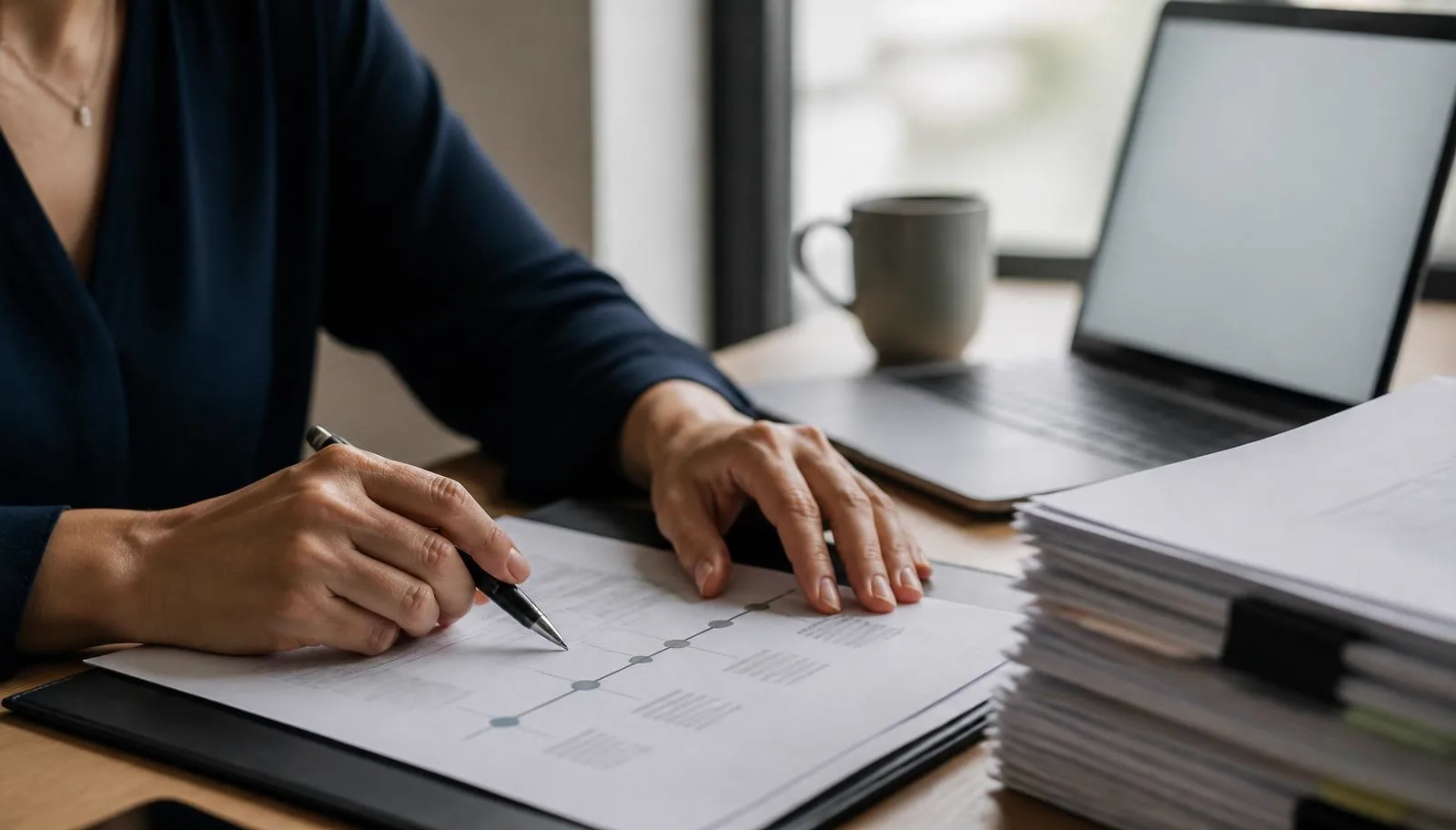 A professional carefully cross-referencing an immigration file and application timeline