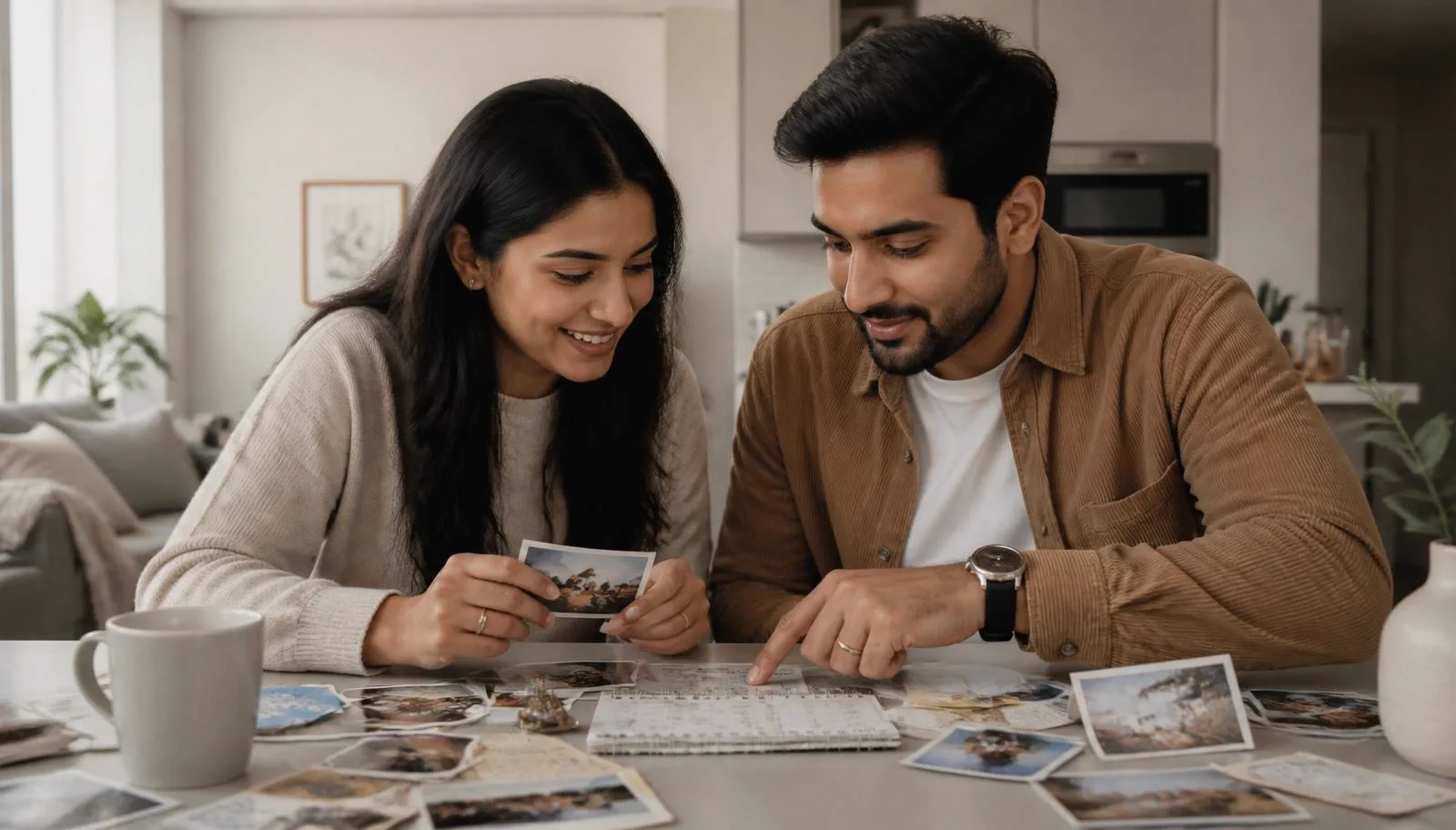 A South Asian couple organizing photographs and shared memories at home