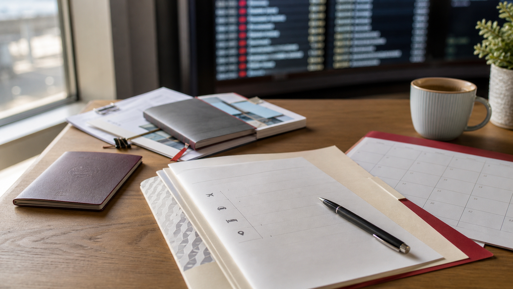An organized desk with travel documents, passport and calendar