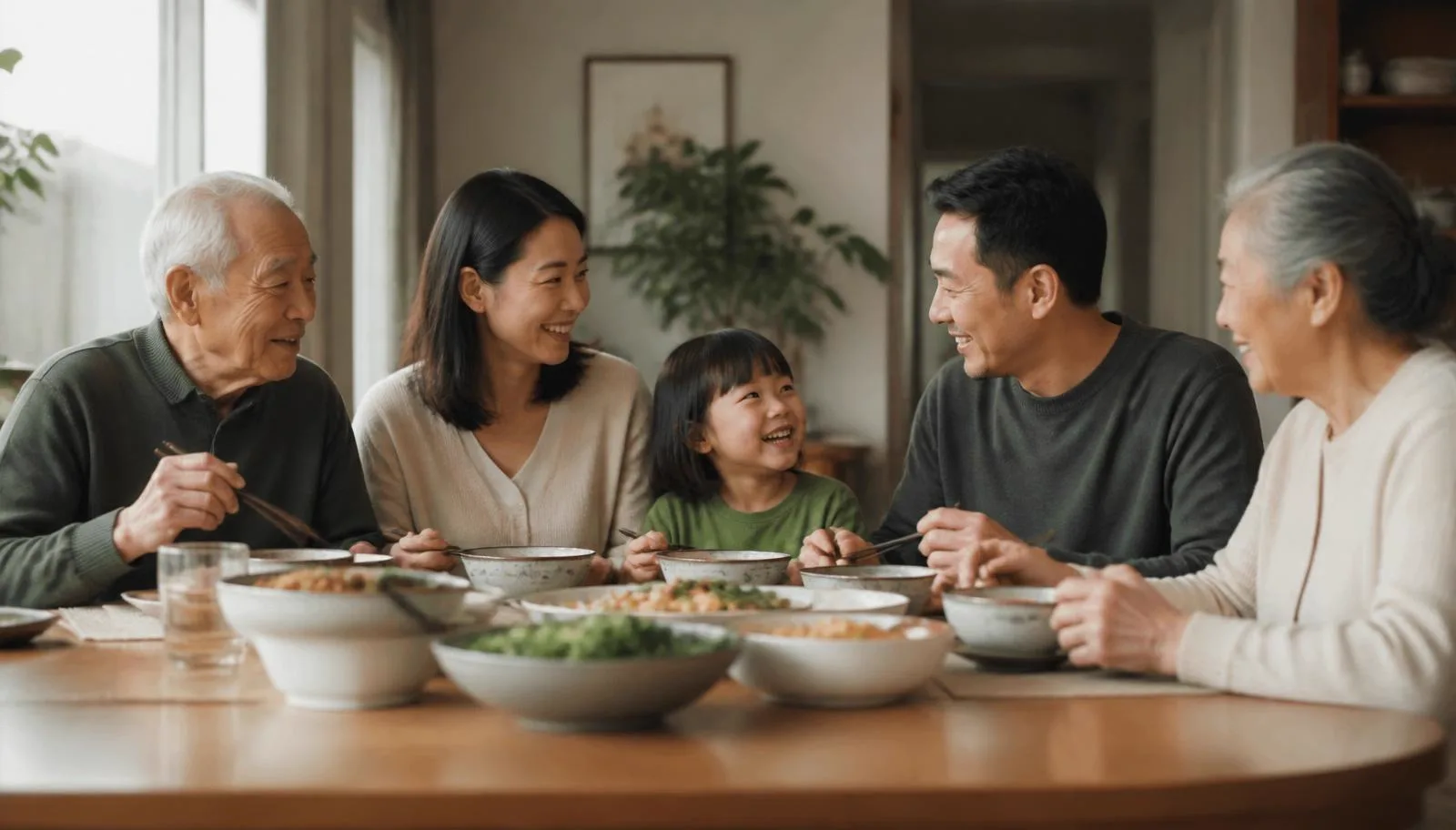 A Chinese Canadian family sharing a relaxed meal across three generations