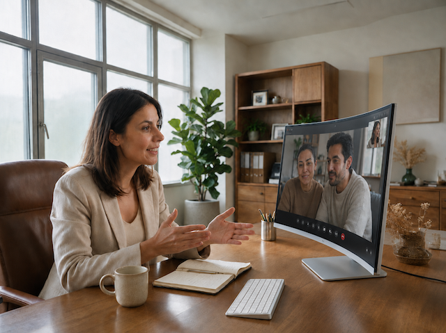 An Immigrate Now consultant in a home office speaking with a couple on a video call, illustrating remote consultations for clients worldwide