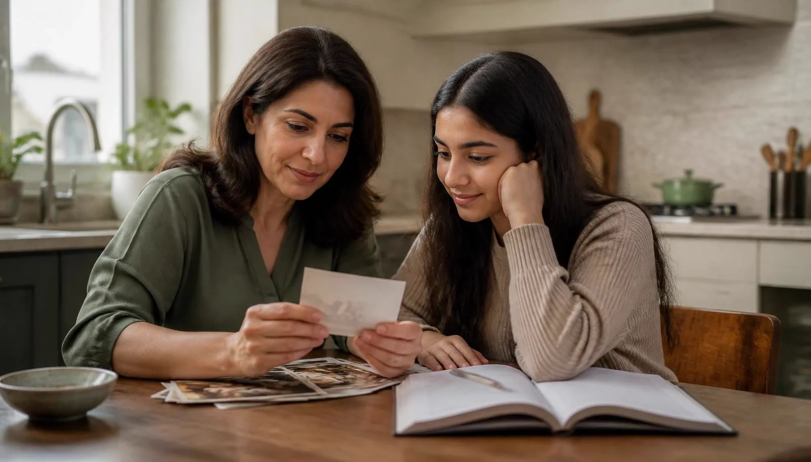 A mother and teenager reflecting on family life and community ties at home