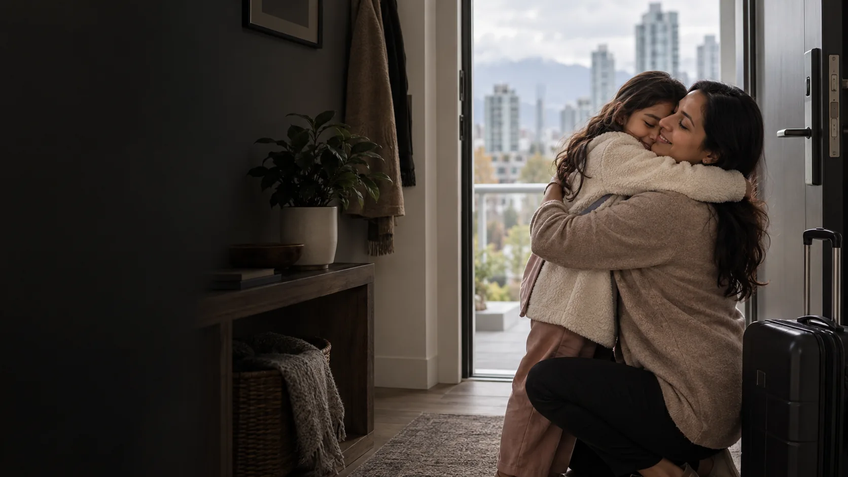 A mother kneels in the entryway of a Canadian apartment and holds her young daughter close, a suitcase beside them and a city skyline through the open door