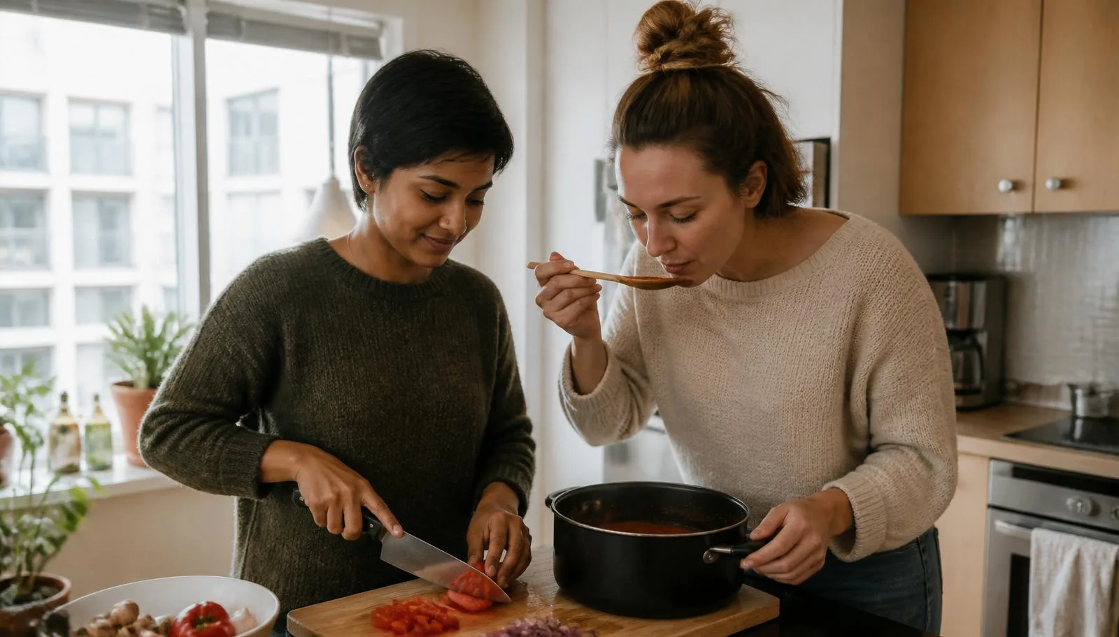 A couple preparing dinner together in their Canadian apartment