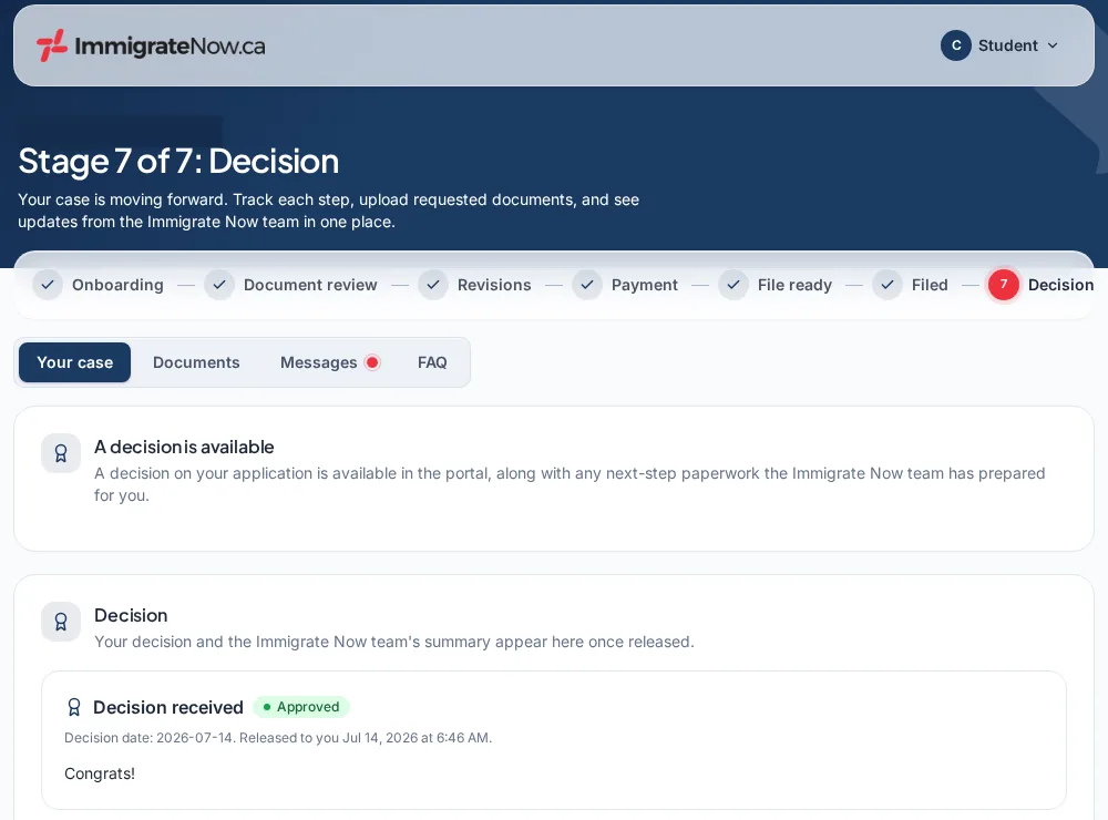 Illustrative view of the UBC Concierge Program portal at Stage 7 of 7, Decision, showing the completed stage stepper and a decision received panel