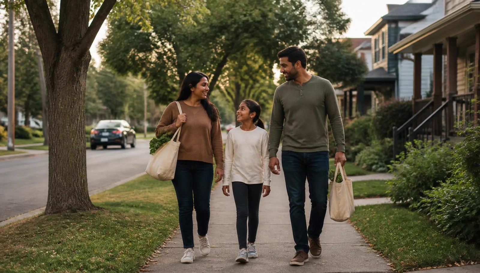 A family walking through a residential neighbourhood in a smaller Canadian city