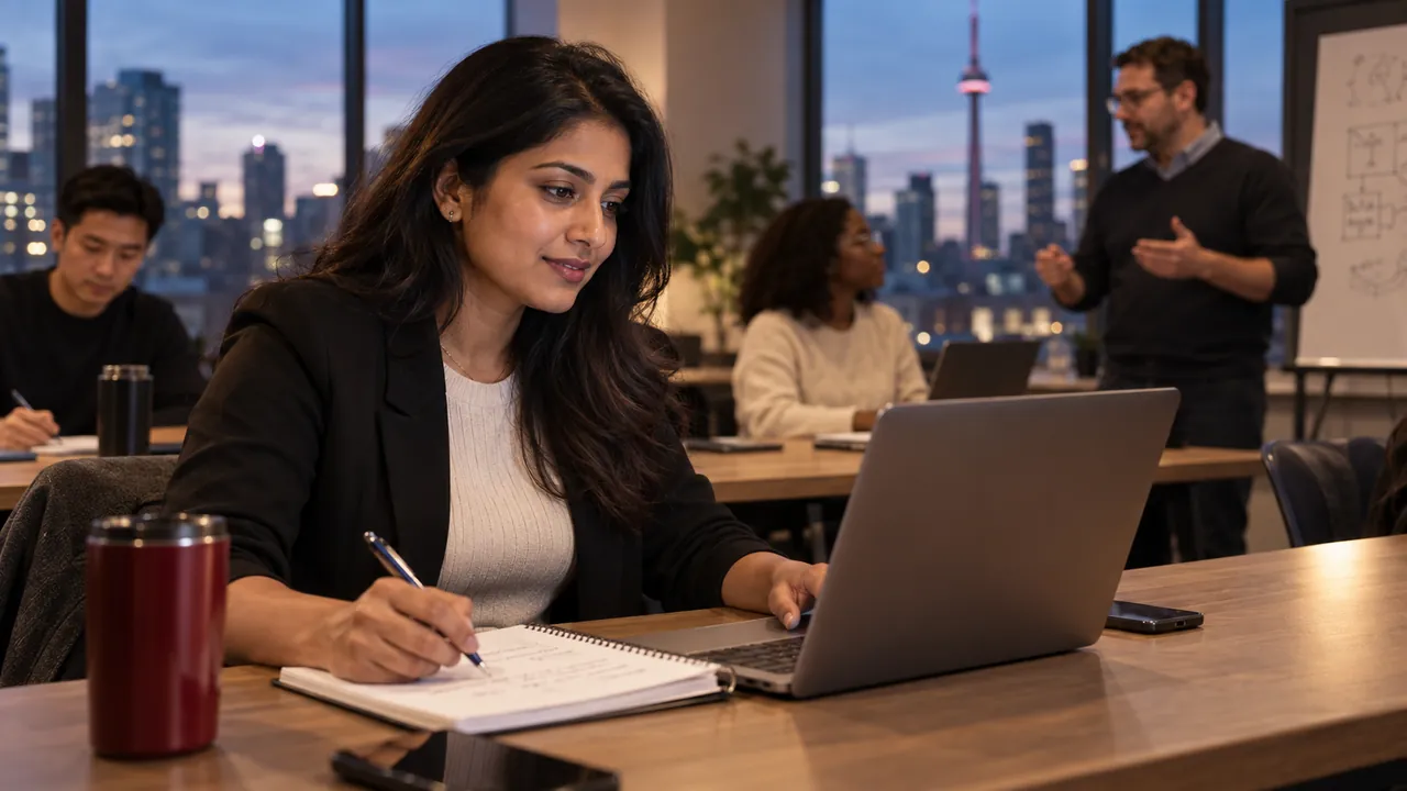 A work permit holder attending an evening professional course in a Canadian city.