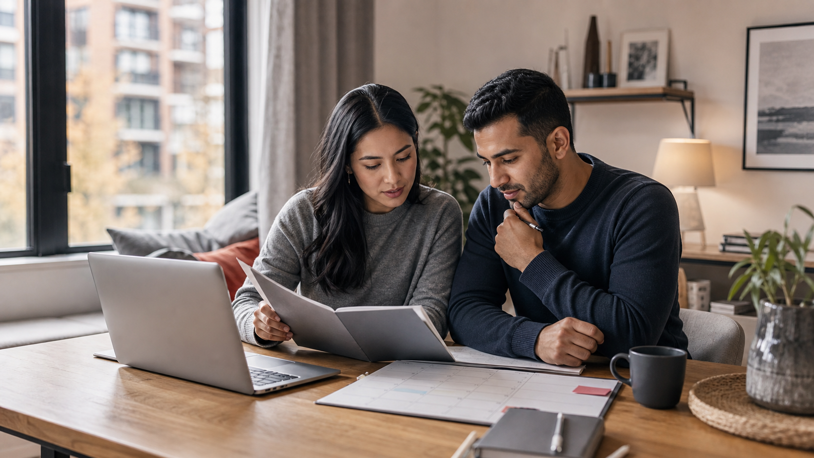 A couple reviewing an organized application timeline and documents together at a home workspace