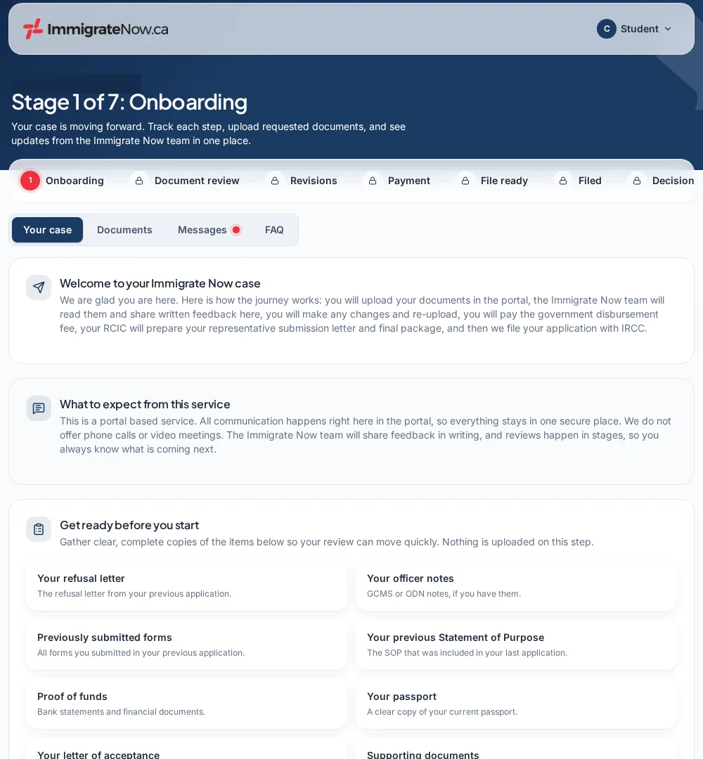 Illustrative view of the UBC Concierge Program portal at Stage 1 of 7, Onboarding, showing the stage stepper, case tabs and welcome cards