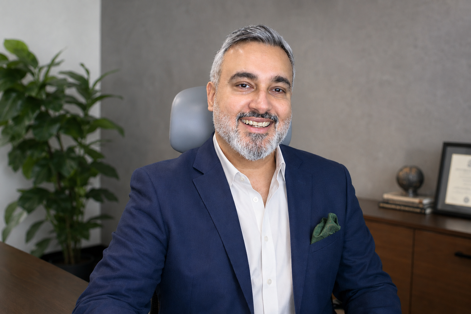 Portrait of Karan Pratap Singh, CEO of Immigrate Now, in a navy blazer