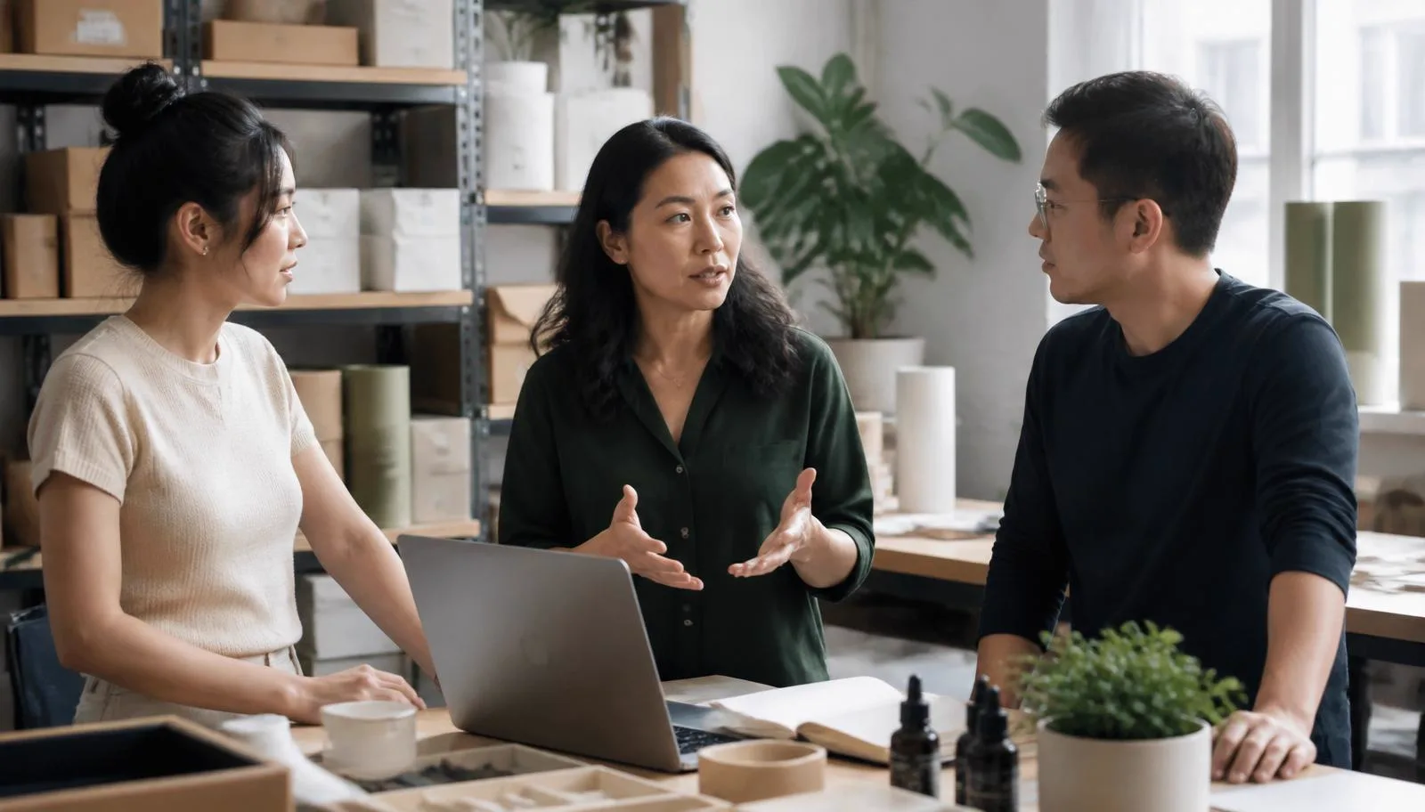 A founder discussing a growth plan with her team in a Canadian small business workspace