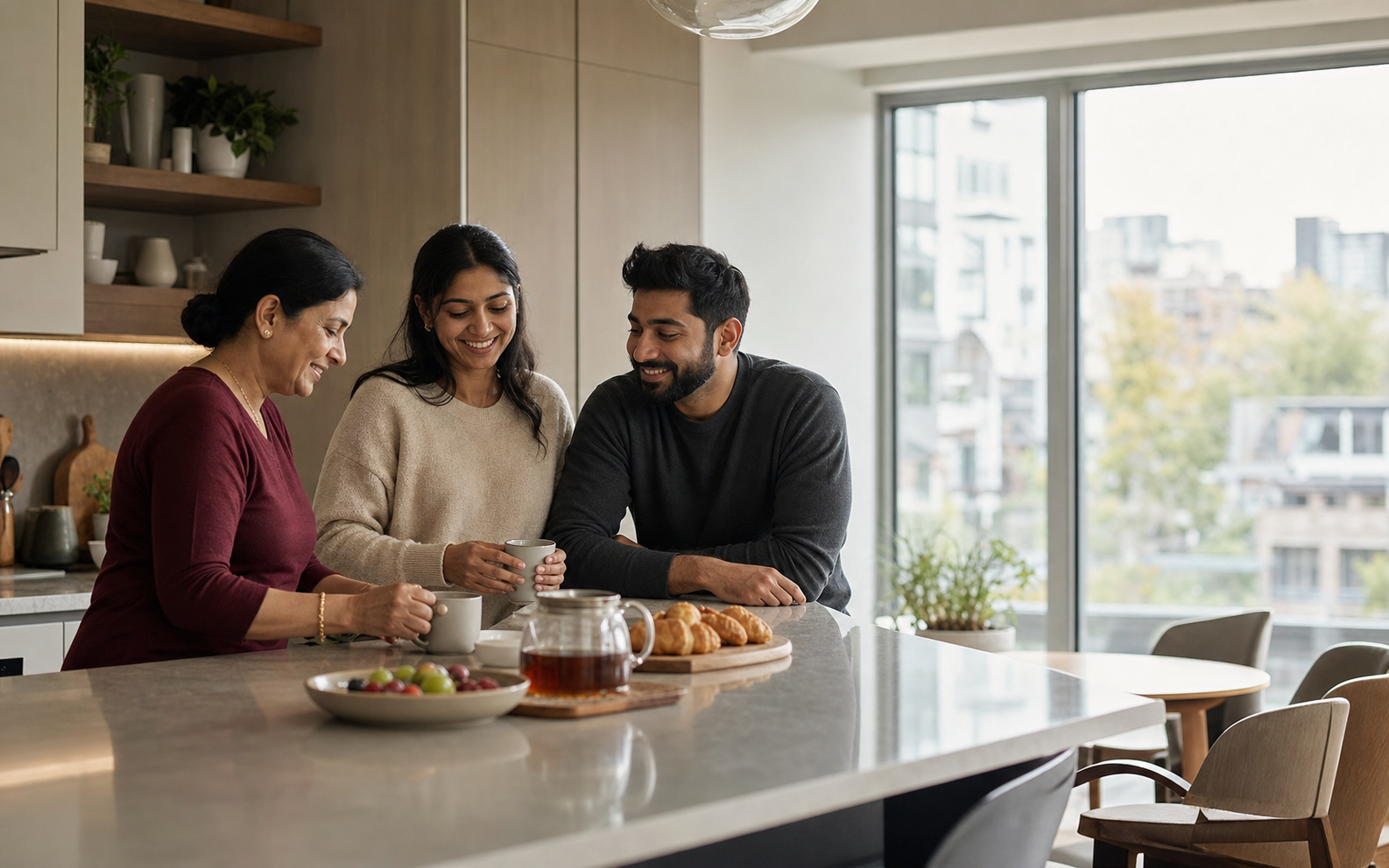 A multigenerational family sharing tea and conversation around a kitchen island in a modern Canadian home