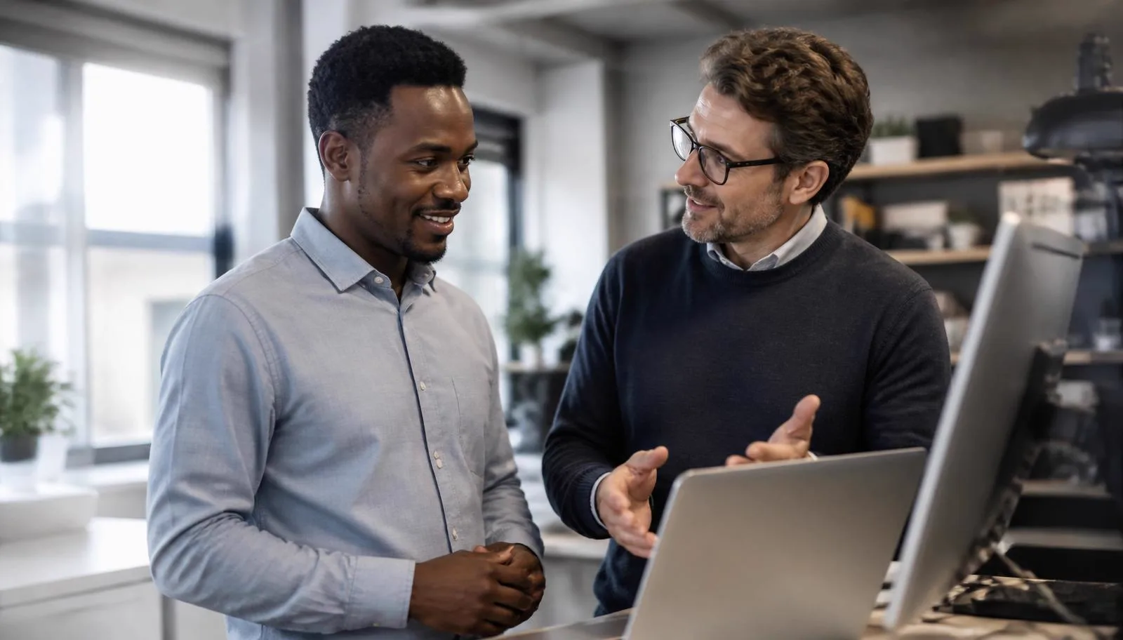 A professional and colleague reviewing a work plan in a Canadian workplace