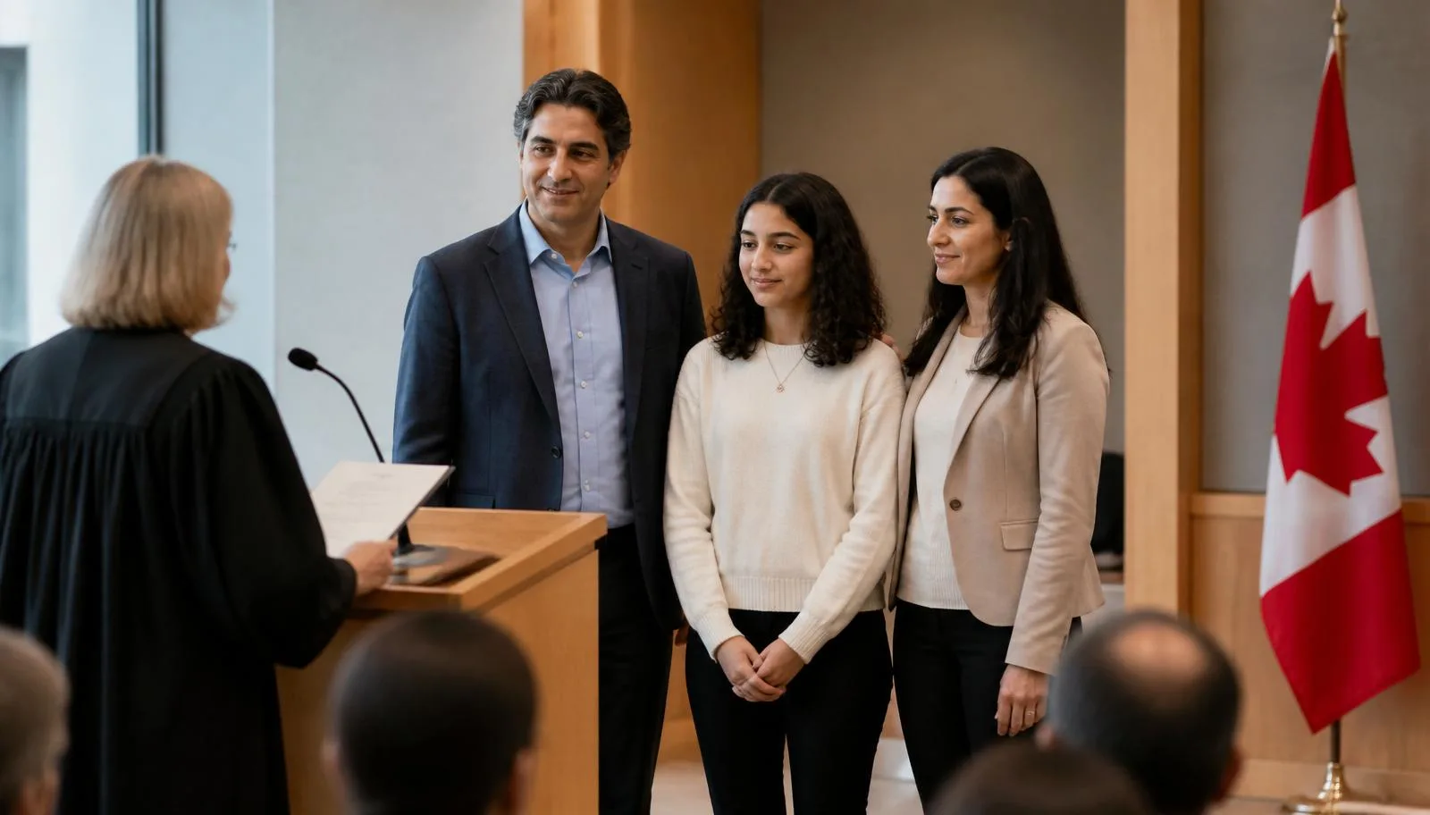A citizenship judge addressing a Persian family during a Canadian citizenship ceremony
